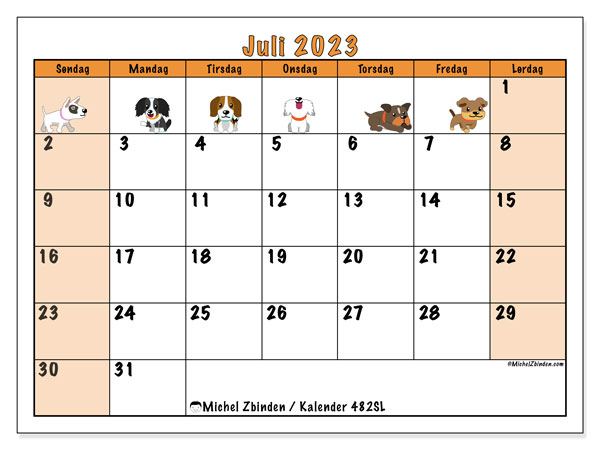 Kalender juli 2023 “482”. Gratis plan til print.. Søndag til lørdag