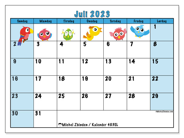 Kalender juli 2023 “483”. Gratis plan til print.. Søndag til lørdag