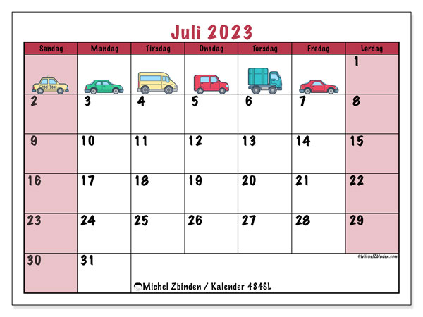 Kalender juli 2023 “484”. Gratis plan til print.. Søndag til lørdag