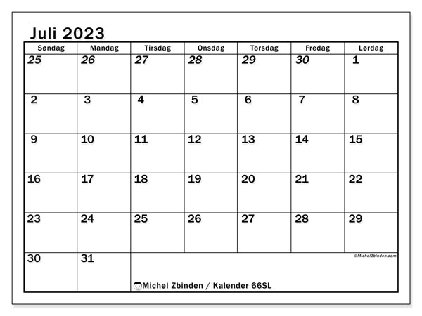 Kalender juli 2023 “501”. Gratis kalender til print.. Søndag til lørdag