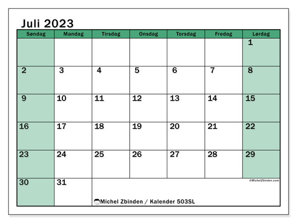 Kalender juli 2023 “503”. Gratis program til print.. Søndag til lørdag