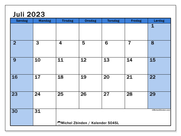 Kalender juli 2023 “504”. Gratis program til print.. Søndag til lørdag