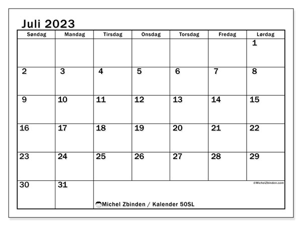 Kalender juli 2023 “50”. Gratis plan til print.. Søndag til lørdag