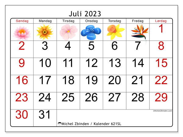 Kalender til udskrivning, juli 2023, 621SL