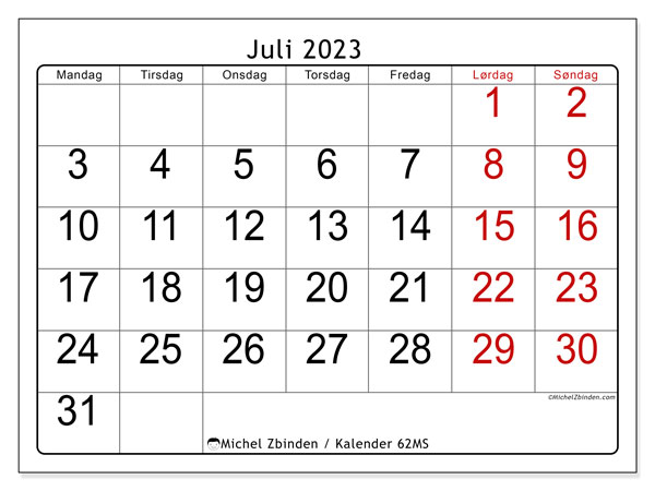 Kalender juli 2023 “62”. Gratis kalender til print.. Mandag til søndag