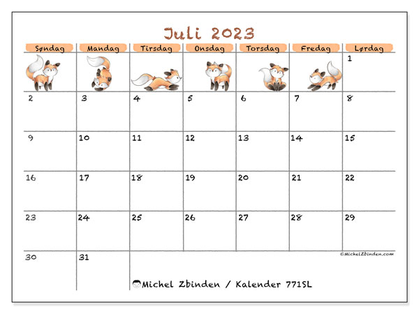 Kalender juli 2023 “771”. Gratis program til print.. Søndag til lørdag