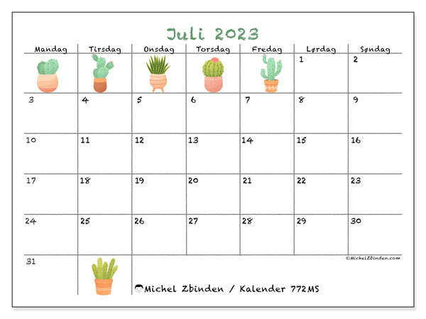 Kalender juli 2023 “772”. Gratis program til print.. Mandag til søndag