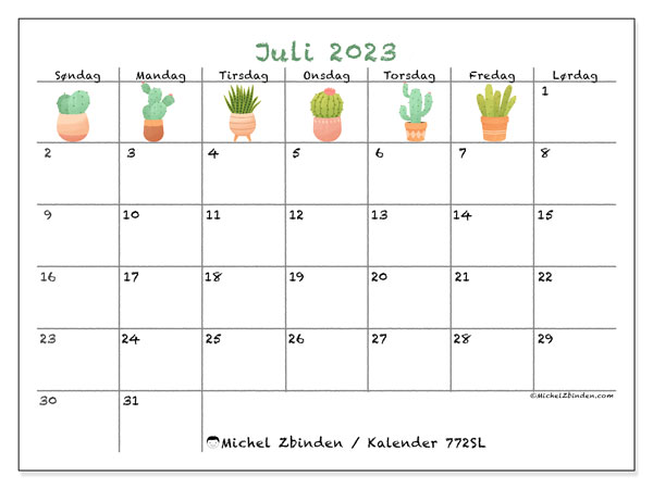 Kalender juli 2023 “772”. Gratis program til print.. Søndag til lørdag