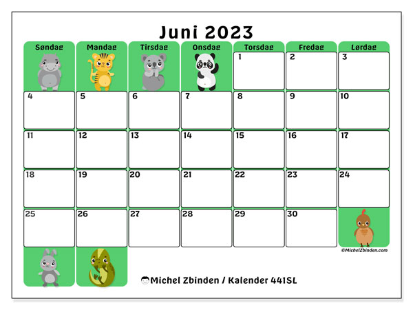 Kalender til udskrivning, juni 2023, 441SL