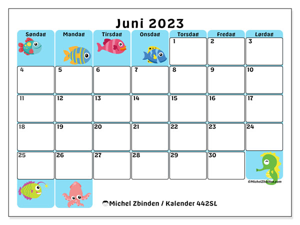 Kalender til udskrivning, juni 2023, 442SL