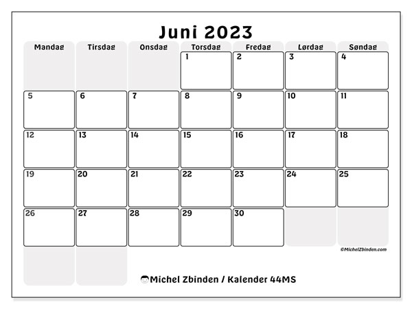 Kalender juni 2023, 44MS. Gratis program til print.