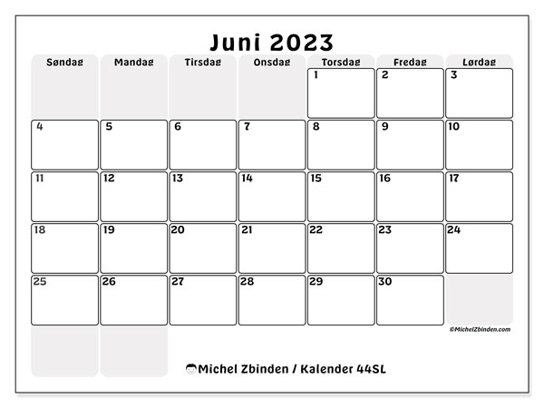Kalender juni 2023, 44SL. Gratis kalender til print.
