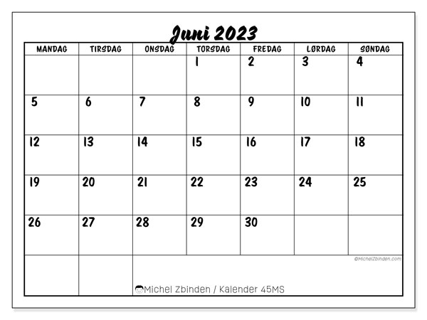 Kalender juni 2023, 45MS. Gratis kalender til print.