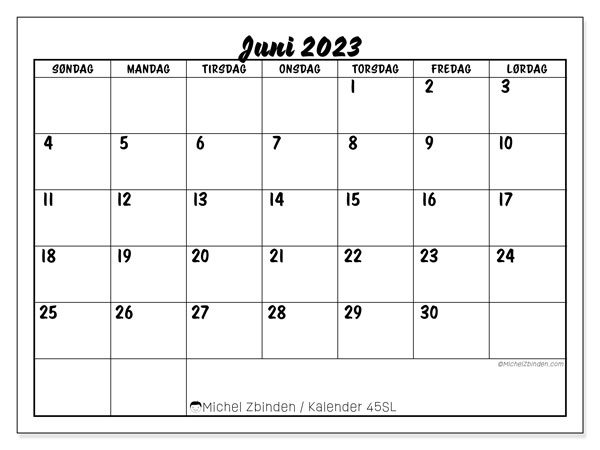 Kalender juni 2023, 45SL. Gratis kalender til print.