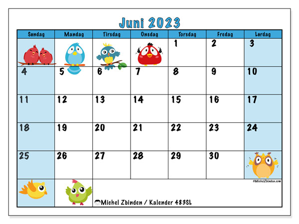 Kalender juni 2023, 483SL. Gratis kalender til print.