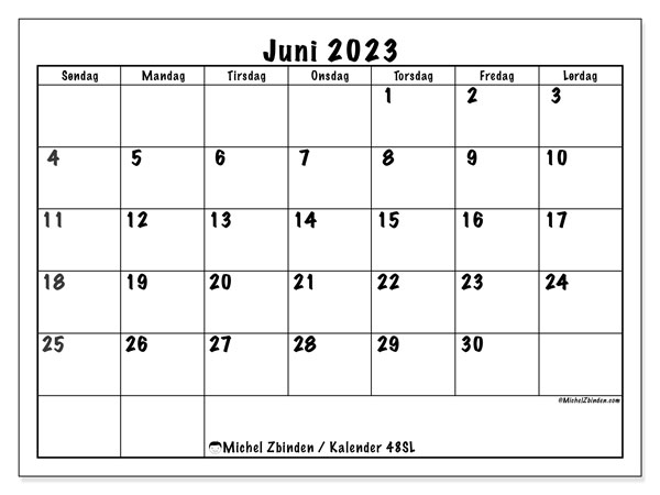 Kalender juni 2023, 48SL. Gratis program til print.