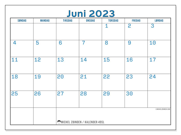 Kalender til udskrivning, juni 2023, 49SL