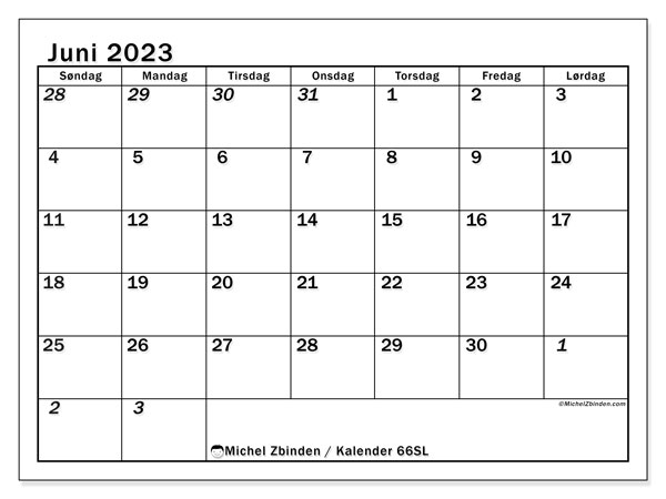 Kalender til udskrivning, juni 2023, 501SL