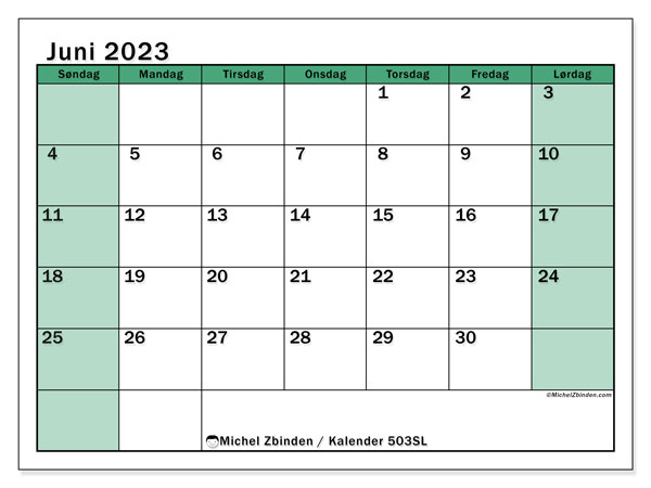 Kalender juni 2023, 503SL. Gratis kalender til print.