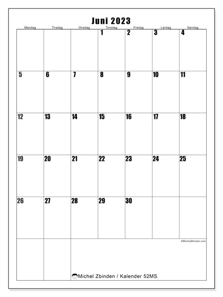 Kalender til udskrivning, juni 2023, 52MS