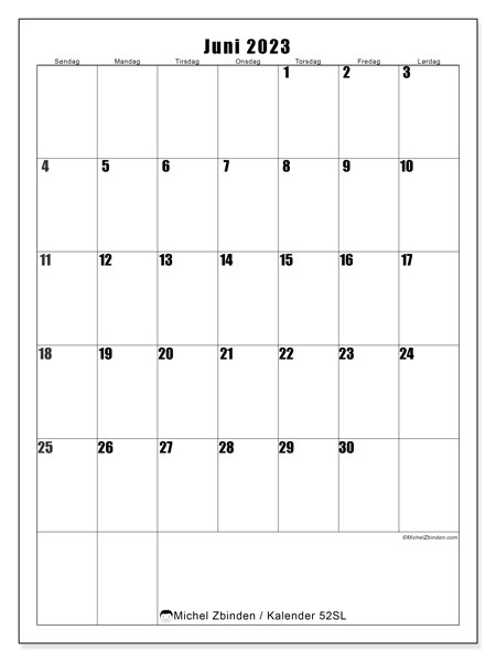 Kalender juni 2023, 52SL. Gratis program til print.