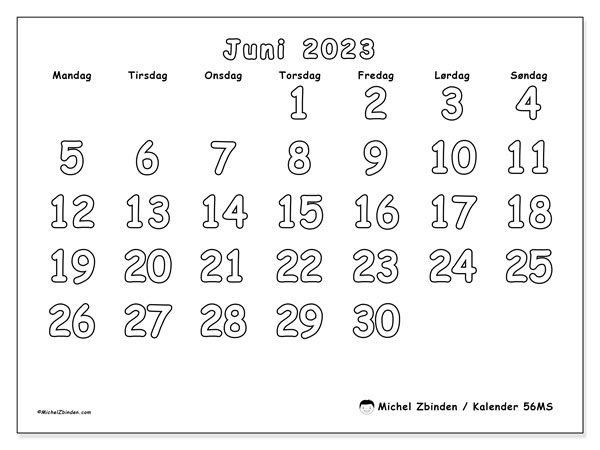 Kalender til udskrivning, juni 2023, 56MS