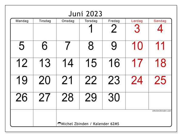 Kalender juni 2023 “62”. Gratis program til print.. Mandag til søndag