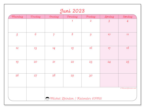 Kalender juni 2023, 63MS. Gratis kalender til print.
