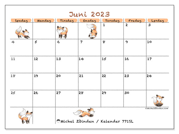 Kalender til udskrivning, juni 2023, 771SL