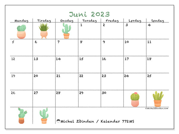 Kalender til udskrivning, juni 2023, 772MS