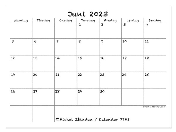 Kalender juni 2023, 77MS. Gratis kalender til print.