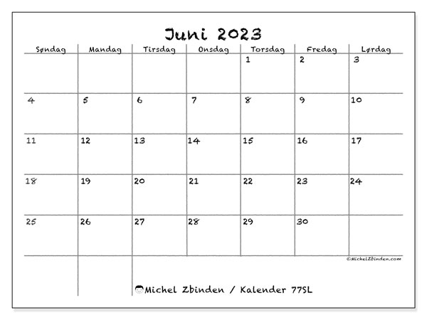 Kalender juni 2023, 77SL. Gratis program til print.