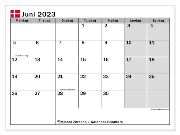 Kalender juni 2023 “Danmark”. Gratis kalender til print.. Mandag til søndag