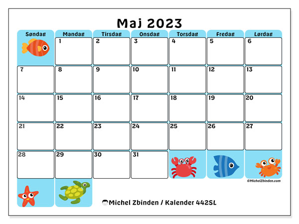 Kalender til udskrivning, maj 2023, 442SL