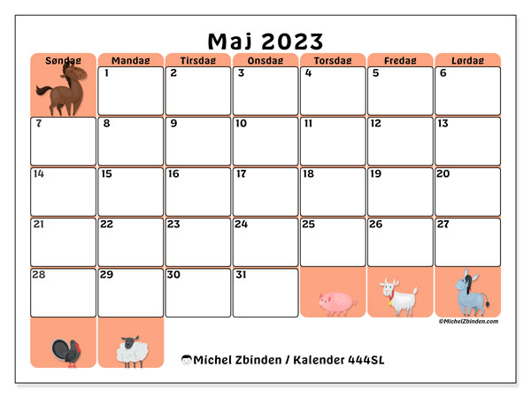 Kalender til udskrivning, maj 2023, 444SL