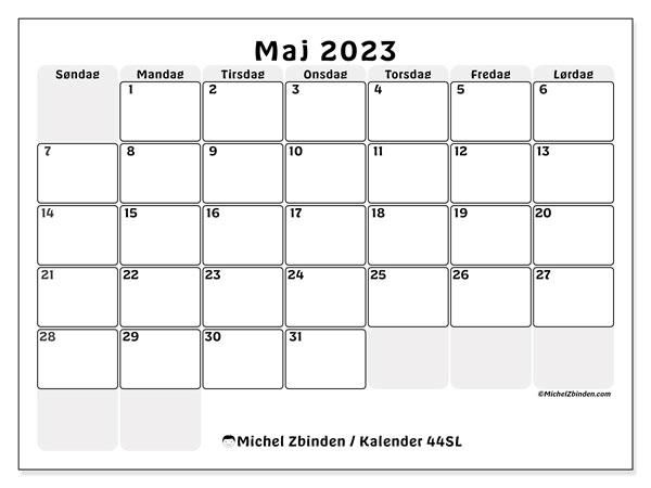 Kalender til udskrivning, maj 2023, 44SL