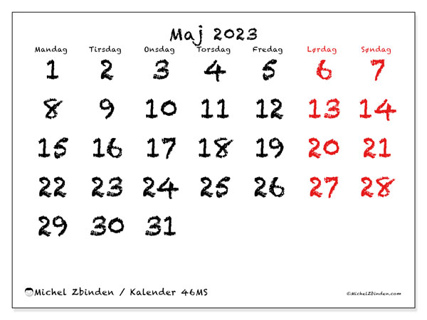 46MS, kalender maj 2023, til gratis udskrivning.