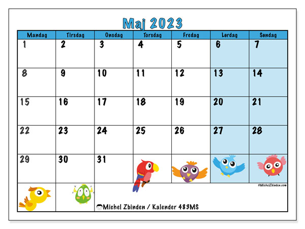 Kalender til udskrivning, maj 2023, 483MS