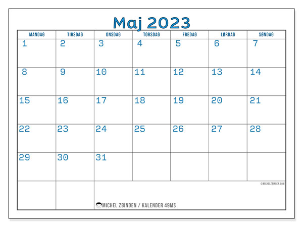 49MS, kalender maj 2023, til gratis udskrivning.