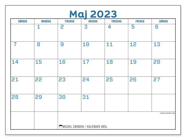 Kalender til udskrivning, maj 2023, 49SL