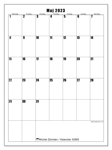 Kalender til udskrivning, maj 2023, 52MS