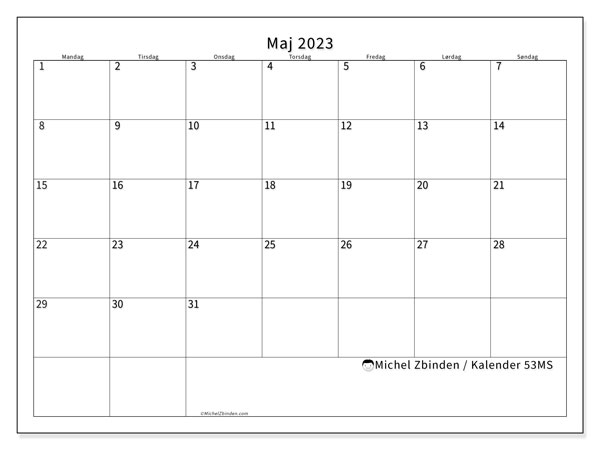 Kalender til udskrivning, maj 2023, 53MS