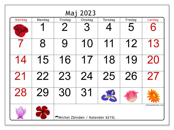 Kalender til udskrivning, maj 2023, 621SL