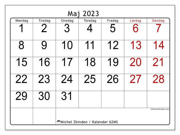 Kalender til udskrivning, maj 2023, 62MS