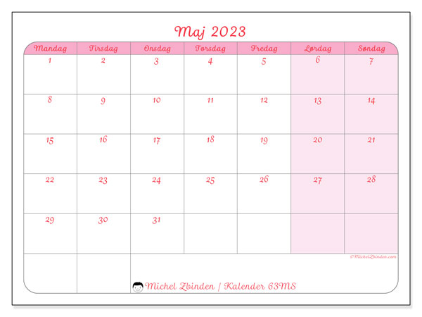 Kalender til udskrivning, maj 2023, 63MS