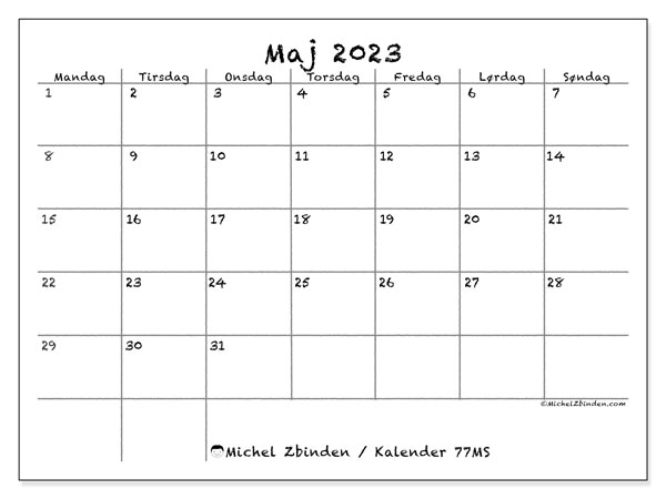 Kalender til udskrivning, maj 2023, 77MS