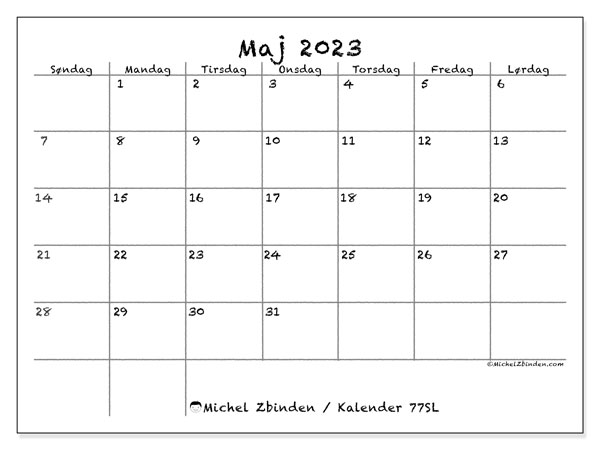 Kalender maj2023, 77SL. Gratis program til print.