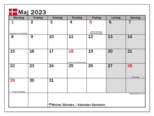 Calendrier mai 2023, Danemark (DA), prêt à imprimer et gratuit.