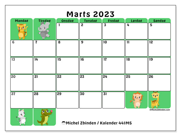 Kalender til udskrivning, marts 2023, 441MS