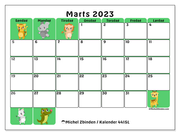 Kalender til udskrivning, marts 2023, 441SL
